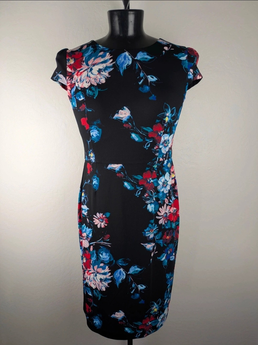 Betsey Johnson Black Floral Midi Dress with Blue & Red Blooms